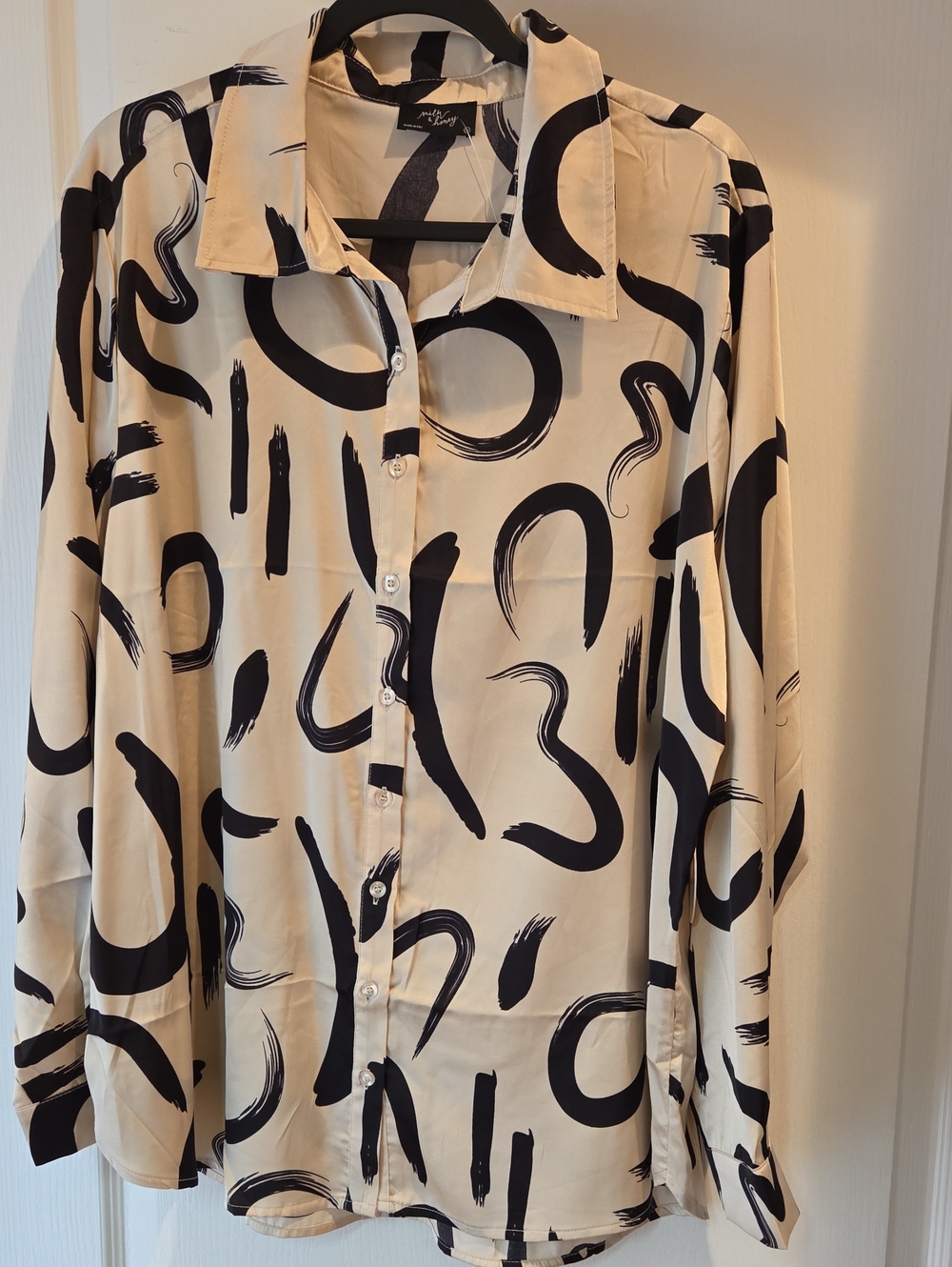 Abstract Brushstroke Button-Up Blouse - Beige/Black